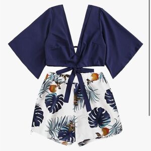 Navy and White Tropical Print 2 Piece Shorts Set